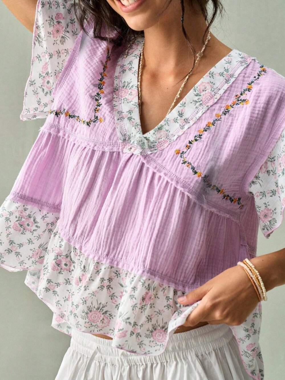 Purple Boho Women's French V-Neck Blouse - Picture 5 of 8